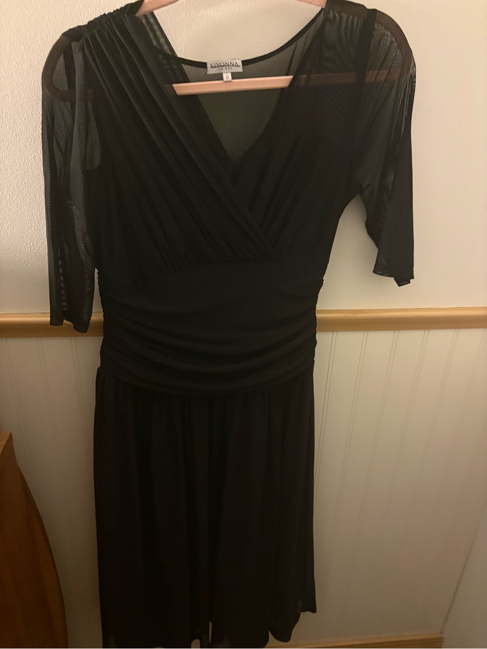 Kiyonna Womens Size 0 Black Faux Wrap Ruched Mesh Sleeve Midi Dress USA